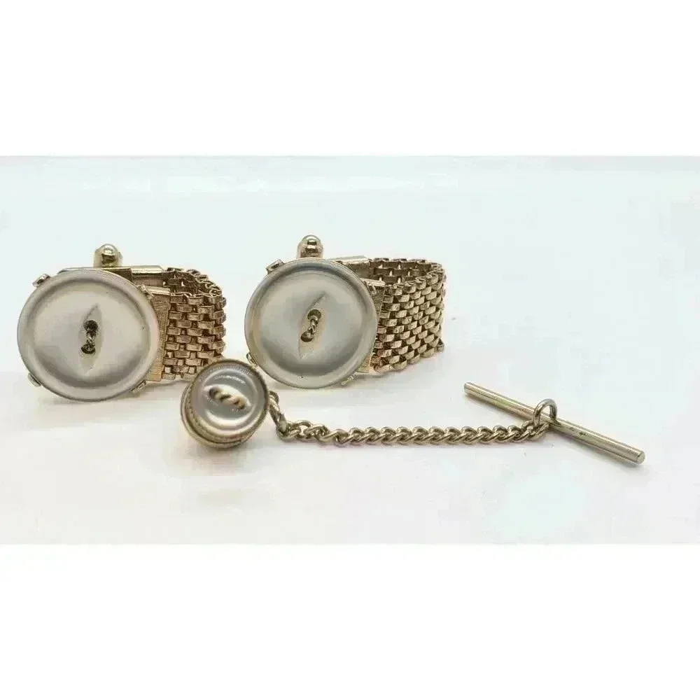 Vintage Hickok CuffLink Tie Tack Set Gold Mesh Wrap around MCM 60s Button Accent